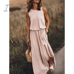 Ingvn - Summer New Oversized Casual Fashion Solid Slit Dress Ladies Sleeveless Loose Robe Dresses Women Round Neck Vestidos De Fiesta