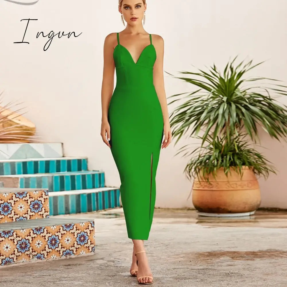 Ingvn - New Summer Women White Bodycon Bandage Dress Sexy V Neck Spaghetti Strap Club Celebrity Evening Runway Party Maxi Dresses