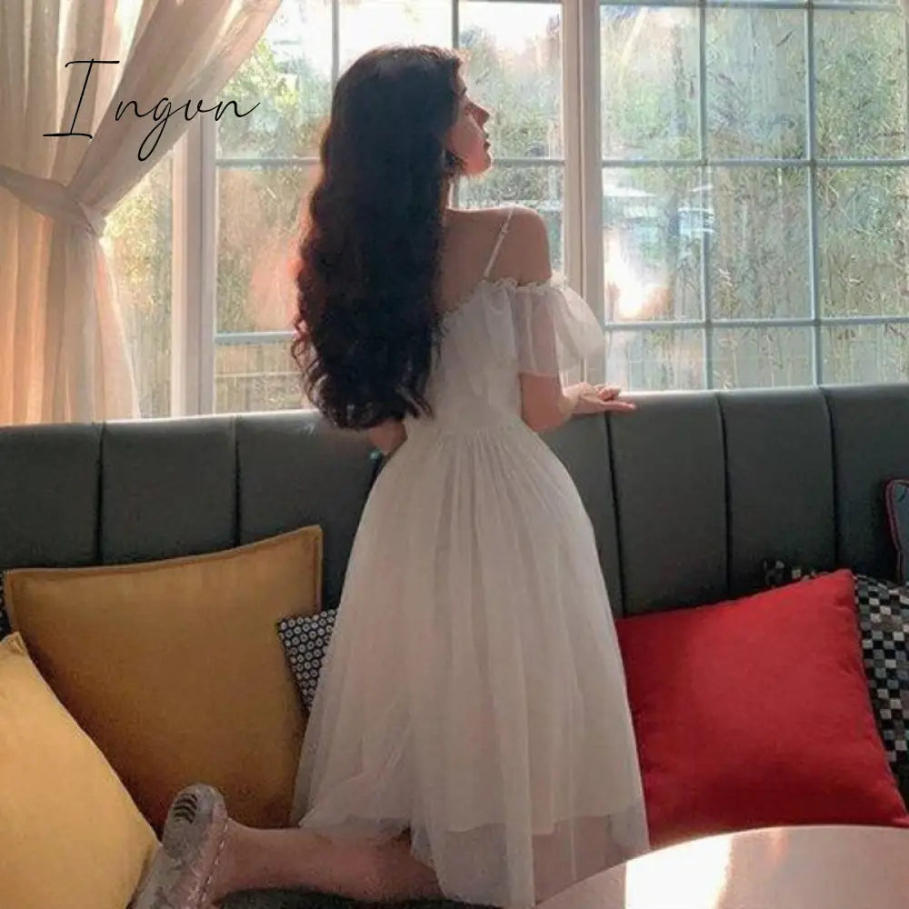 Ingvn - Going Out Outfits Mesh Ruffle Slash Neck Off Shoulder Dresses Lace Up Women Summer Vestidos Mujer Korean Fashion White Dress Strap Tide Robe Femme