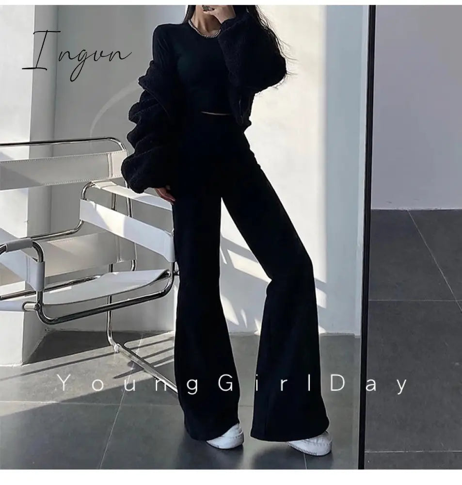 Ingvn - New High Street Elastic Waist Solid Color Flare Pants For Women Spring Autumn Thick Casual Female Trouser BSXM new years eve outfits women