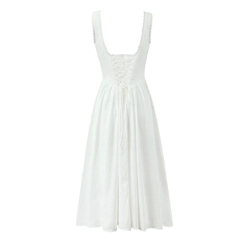 Elegant Women Sexy Backless O Neck White Tank Dress Pleated Swing Hem A-line Midi Summer Dress Lace Up Sundress Holiday