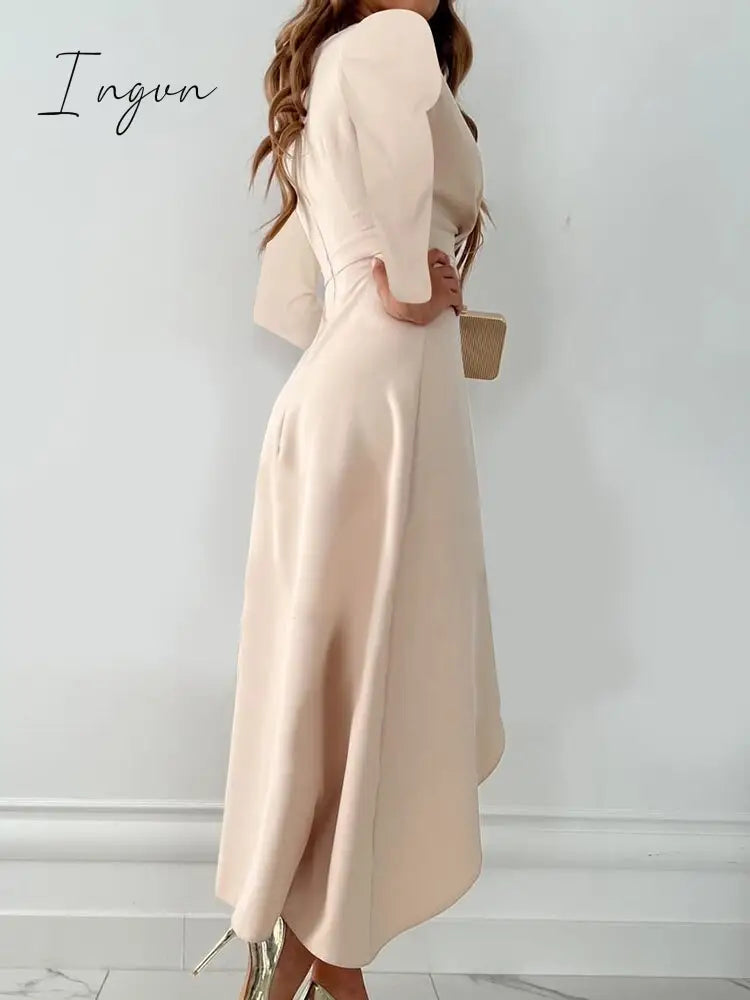Ingvn - Women Casual Long Sleeve Fashion Solid Long Dress Autumn Winter Sexy V-neck Elegant Office Lady Irregular Dresses Female