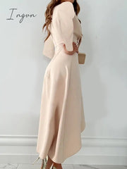 Ingvn - Women Casual Long Sleeve Fashion Solid Long Dress Autumn Winter Sexy V-neck Elegant Office Lady Irregular Dresses Female