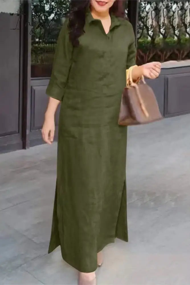 Ingvn - Casual Simplicity Solid Pocket Turndown Collar Shirt Dress Dresses
