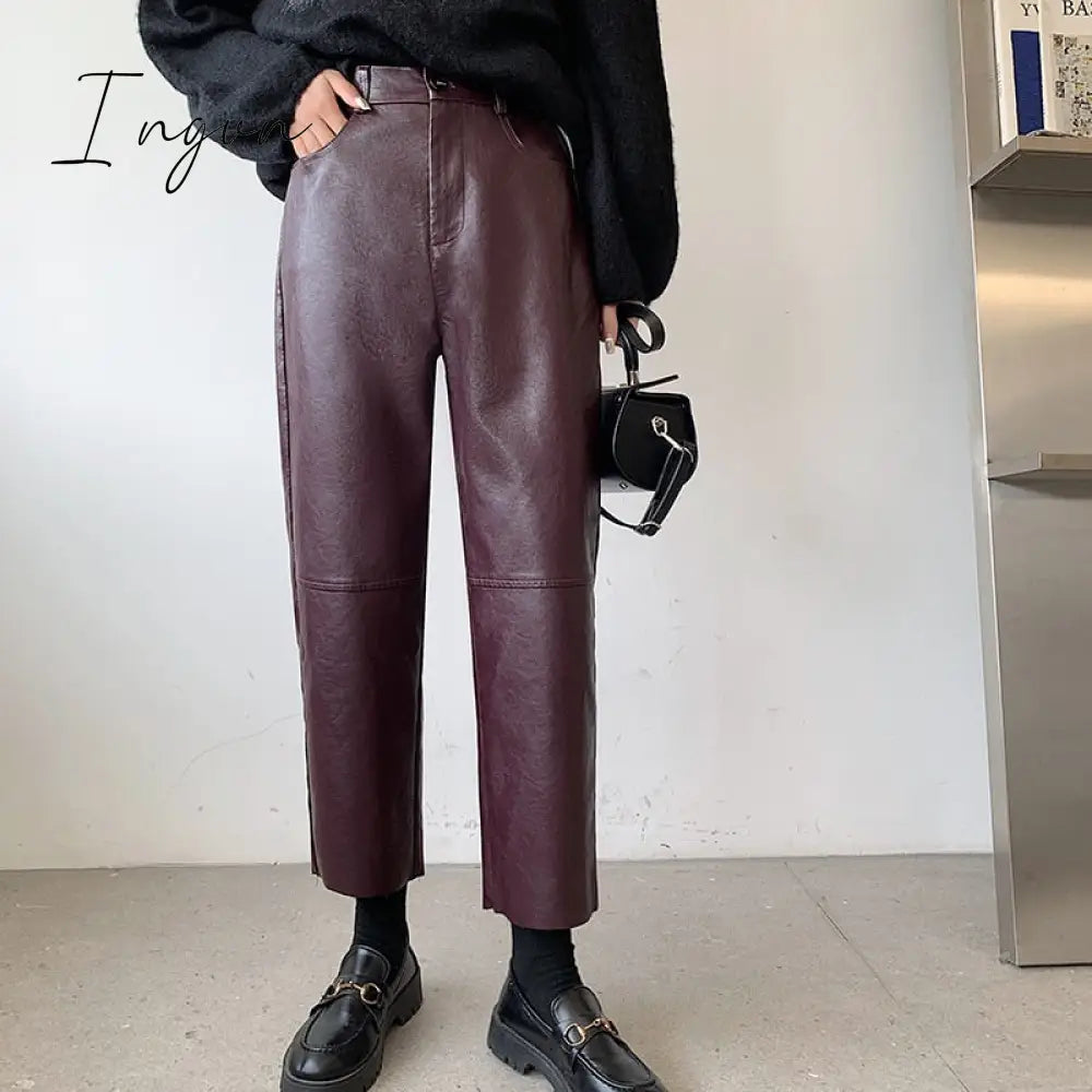 Ingvn - Burgundy Leather Pants Women Wide Leg Trousers Korean Style Y2k Fashion Loose Pants High Waisted Black Pu Baggy Pants