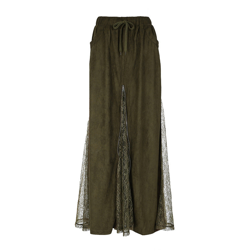 Green Field Mist Retro Lace Skirt Women's Antique Mori Niche Dipping Zipper Design A- Length Skirt Summer