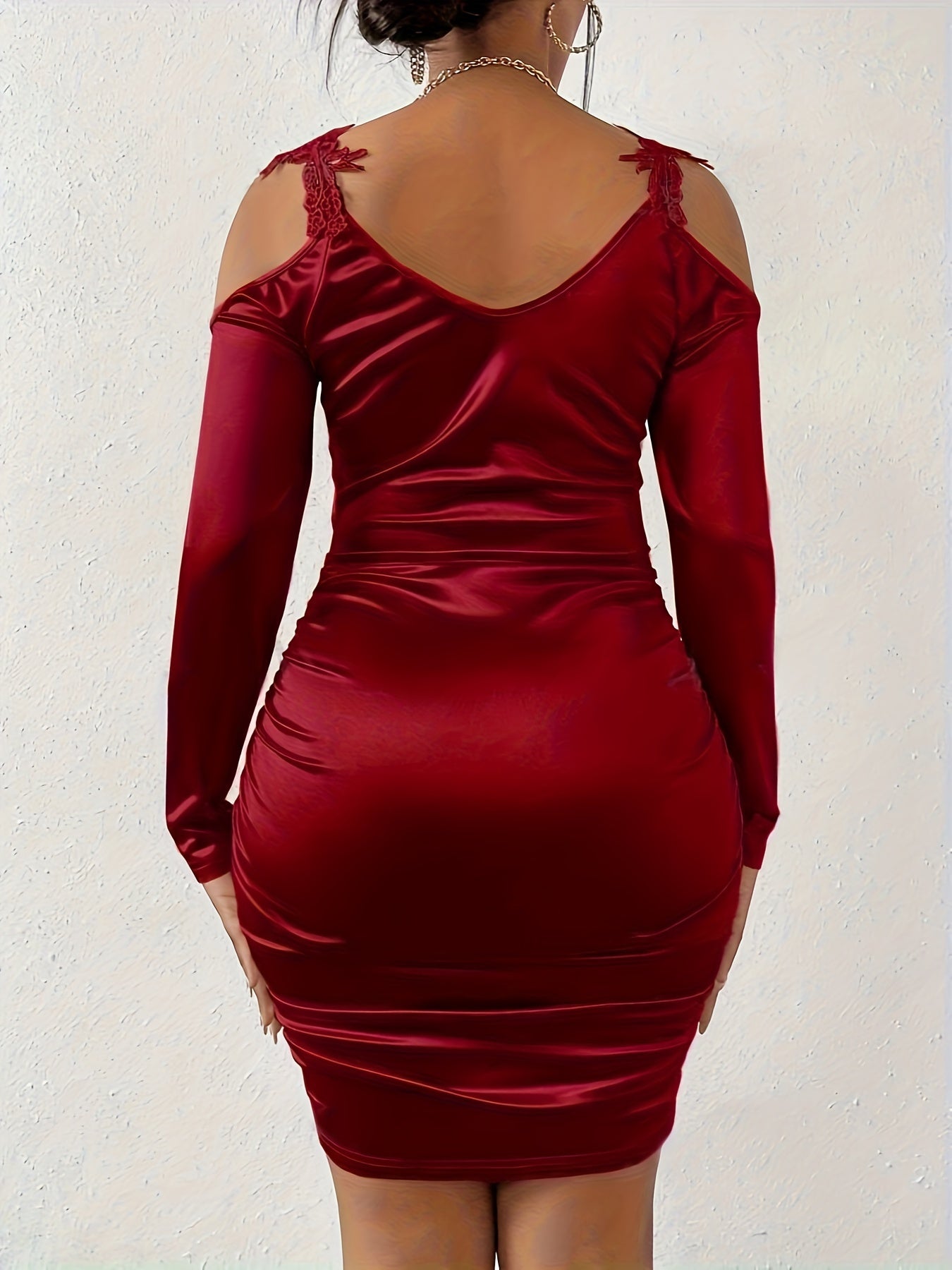 Satin Contrast Guipure Lace Bodycon Dress, Elegant Cold Shoulder Ruched Dress, Women's Clothing For Elegant Dressing