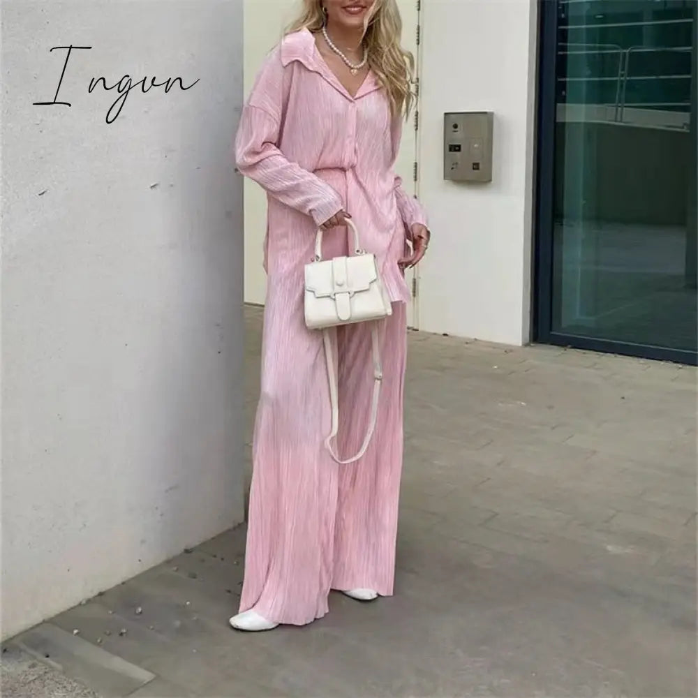 Ingvn - Women Pleated 2 Piece Pants Sets Spring Summer Streetwear Long Sleeve Button Down Shirt+Straight-Leg Pants Loose Outfits