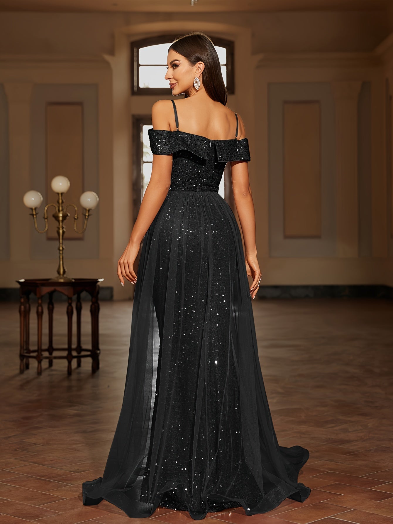 Sequined Contrast Mesh Cold Shoulder Asymmetrical Dress, Elegant Bodycon Dress For Party & Banquet, Women's Clothing