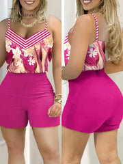 Ingvn - Women Fashion Casual Two-Piece Set Suits Set Casual Wear Female Print spaghetti strap Top & Shorts Set