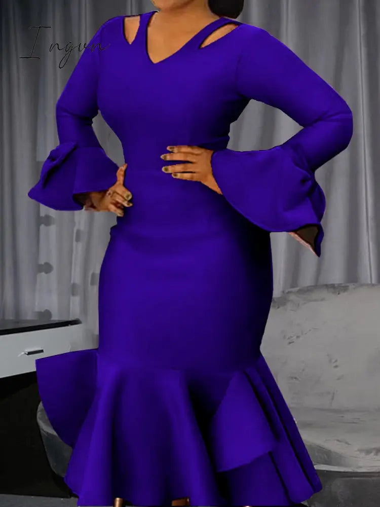 Ingvn - Women Bodycon Party Dress Long Flare Sleeves Cold Shoulder Ruffles Bowtie Elegant Slim Evening Birthday Event Robes Female 4XL