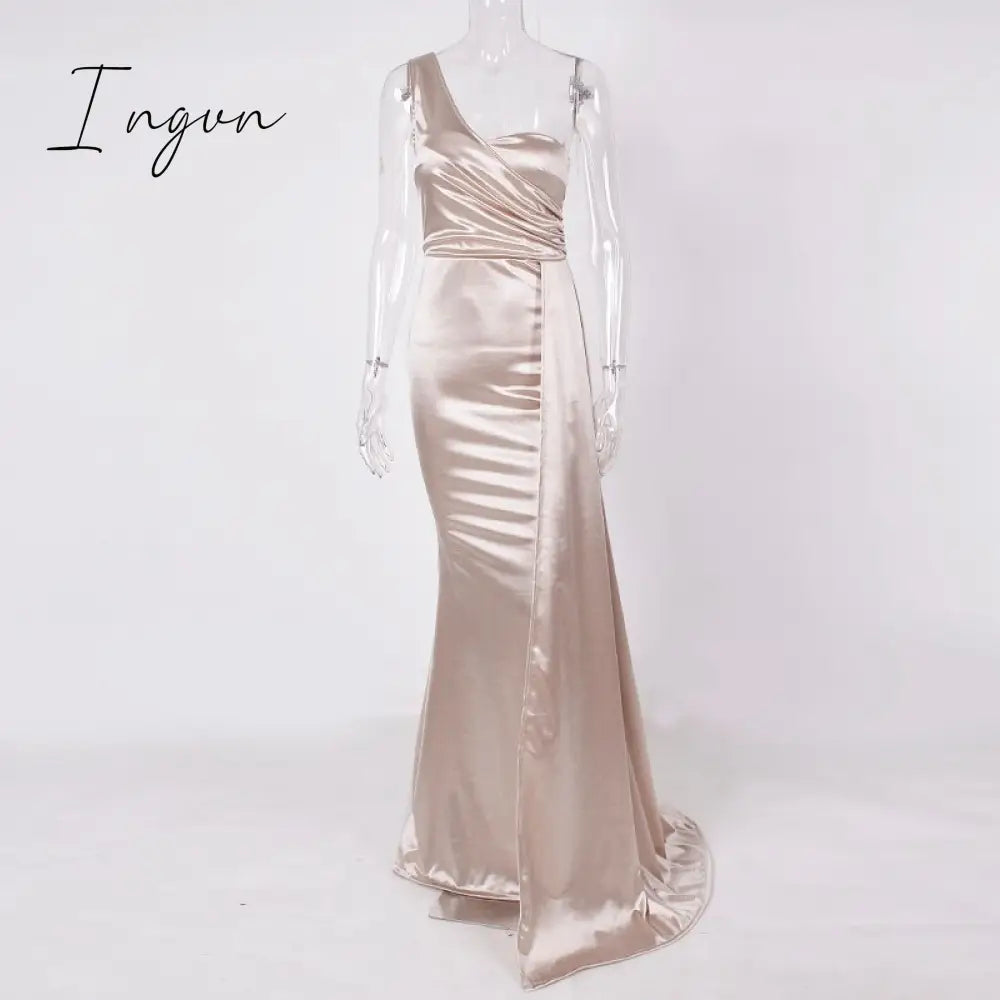 Ingvn - One Shoulder Padded Sexy Satin Maxi Dress Women's Evening Party Dress Gown with Ribbon Royal Blue Green Draped Long Dress