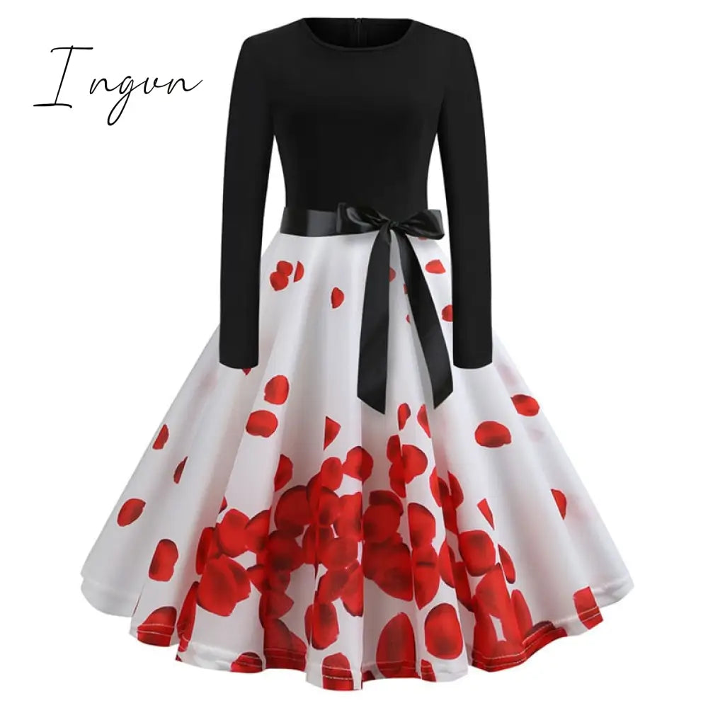 Ingvn - Winter Christmas Dresses Women 50S 60S Vintage Robe Swing Pinup Elegant Party Dress Long Sleeve Casual Plus Size Print Black