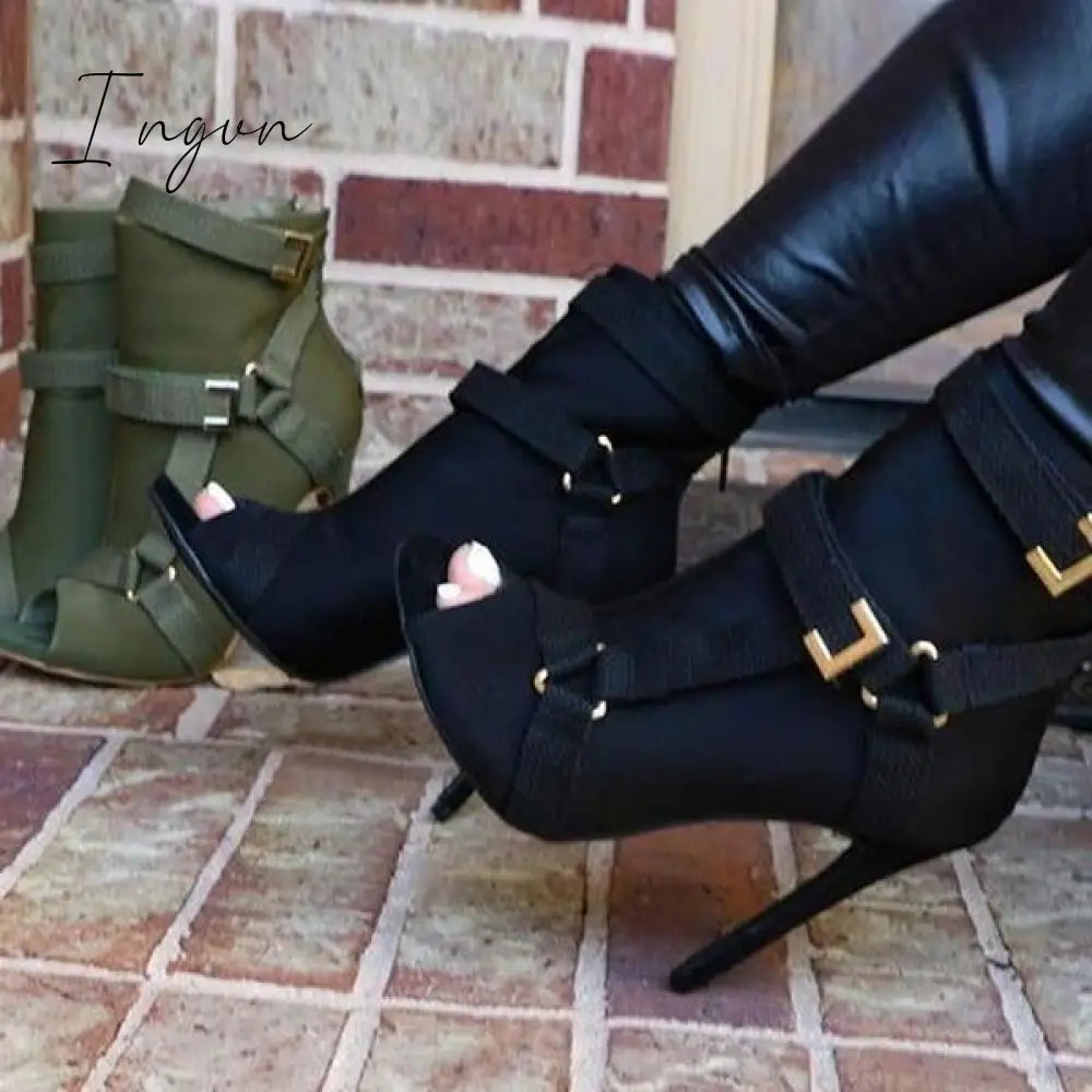 Ingvn - Back Zip Peep Toe Stiletto Heel Ankle Boots