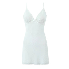 Sexy Women Flocking Polka Dot Mesh Dress Summer Lady Thin Straps V Neck A-line Sling Mini Dress White Robe