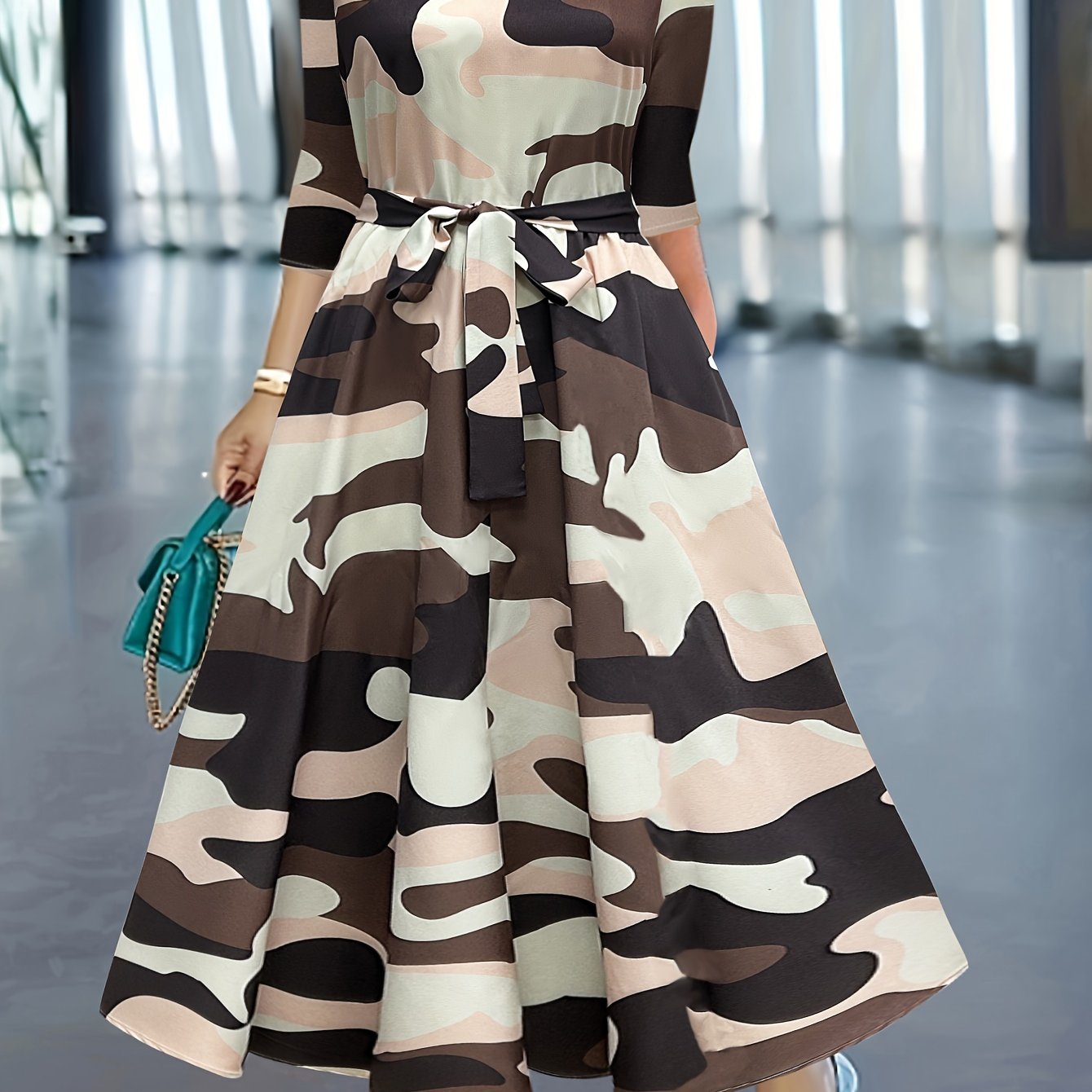 Stylish Geo Print Crew Neck Belted Dress - Elegant Half Sleeve Women's Dresses for Work, Formal Occasions, and Daily Wear - Soft, Comfortable, and Flattering Fit