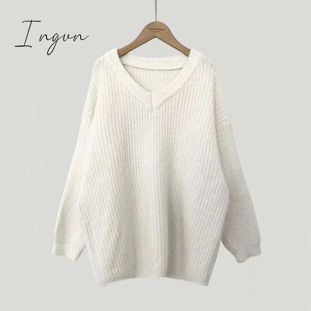 Ingvn - Green Oversized Sweaters for Women Fall Winter 2023 Korean Fashion Long Loose Pullovers V Neck Long Sleeve Jumpers