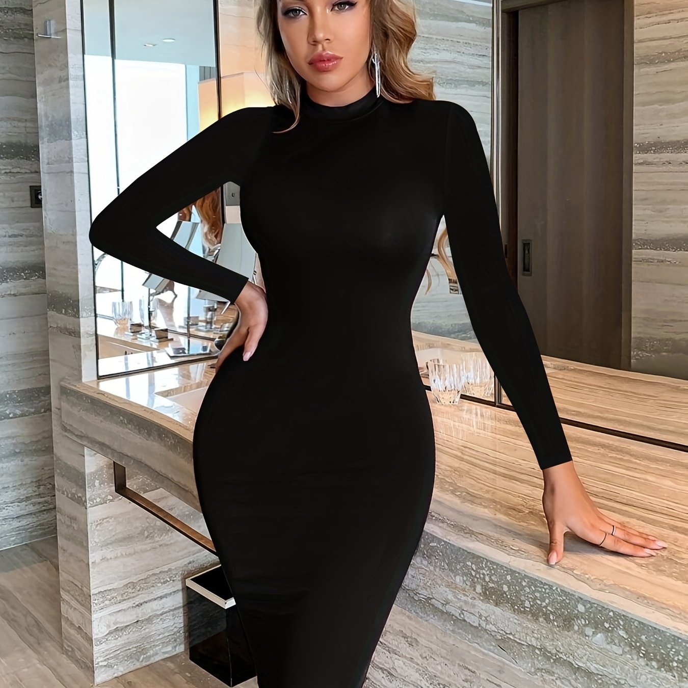 Elegant High-Elasticity Bodycon Dress - Chic Mock Neck, Knee-Length & Durable Knit, Versatile for All Seasons