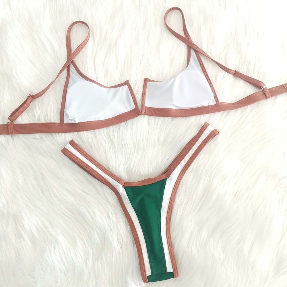 Vintage Retro Bikini Patchwork Swimsuit Thong Brazilian Sexy Swimwear Female  New Summer Micro V-bar Green Bathing Suits