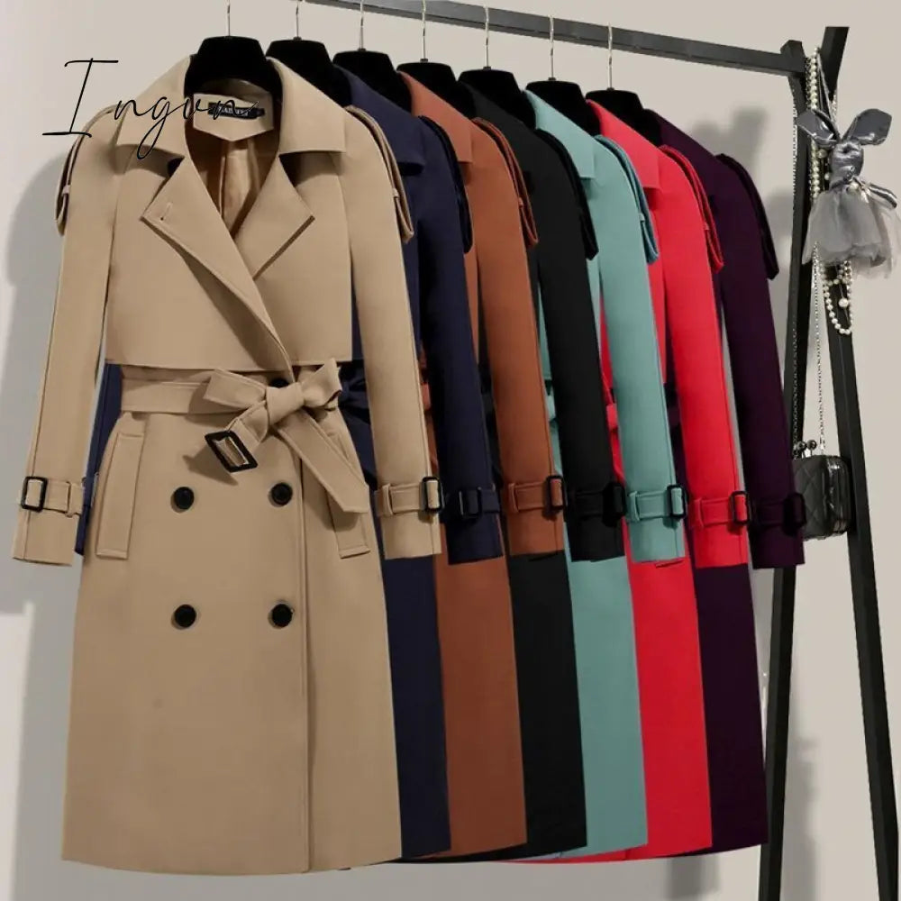 Ingvn - Women Trench Coat Solid Double Breasted Trench Autumn Winter Elegant Vintage Turn-down Collar Warm Windproof Trench with Belt