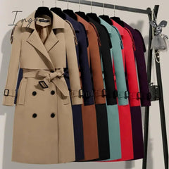 Ingvn - Women Trench Coat Solid Double Breasted Trench Autumn Winter Elegant Vintage Turn-down Collar Warm Windproof Trench with Belt