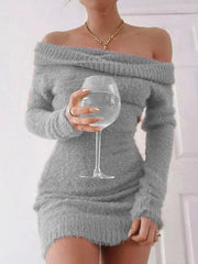 Sexy French Knitted Long Sleeve Pink Y2k Vintage Winter Clothes Slim Knitwear Vestido Off Shoulder Women Sweater Bodycon Dress