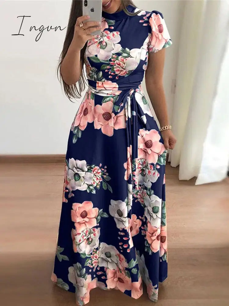 Ingvn - Women Summer Long Dress Casual Long Sleeve Boho Floral Print Maxi Dress Turtleneck Bandage Elegant Party Dresses Vestidos