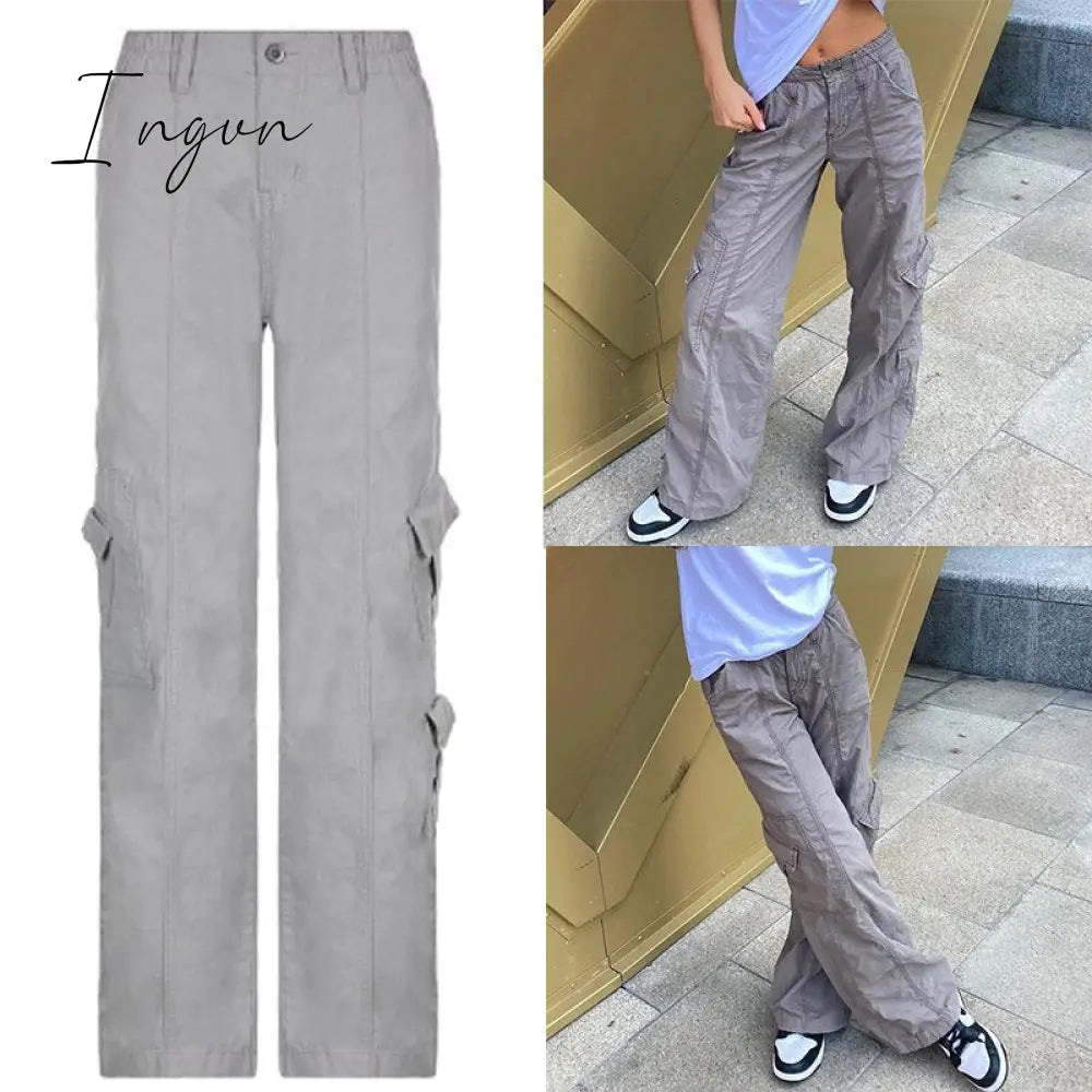 Ingvn - Women Spring Fashion Multi Pockets White Cargo Pants Women Adjustable Low Waist Baggy Wide Leg Jeans Oversized Casual Trousers Retro Bottoms Iamhotty