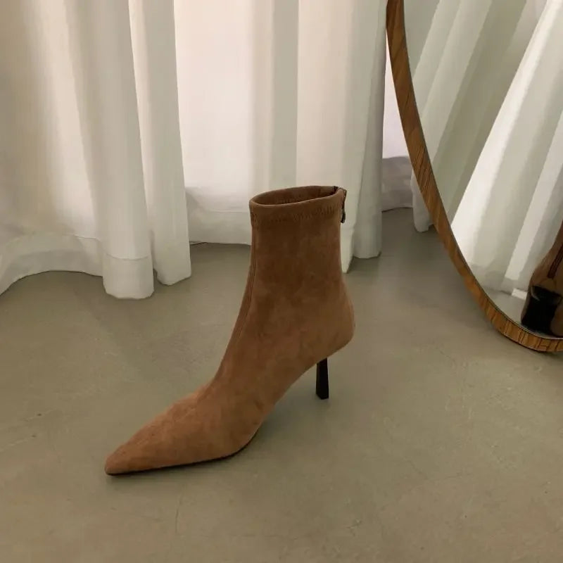 Women's Ankle Boots Pointed Toe New Autumn Women's Thin High Heels Women's Suede Solid Short Botines Chelsea Botte Femme