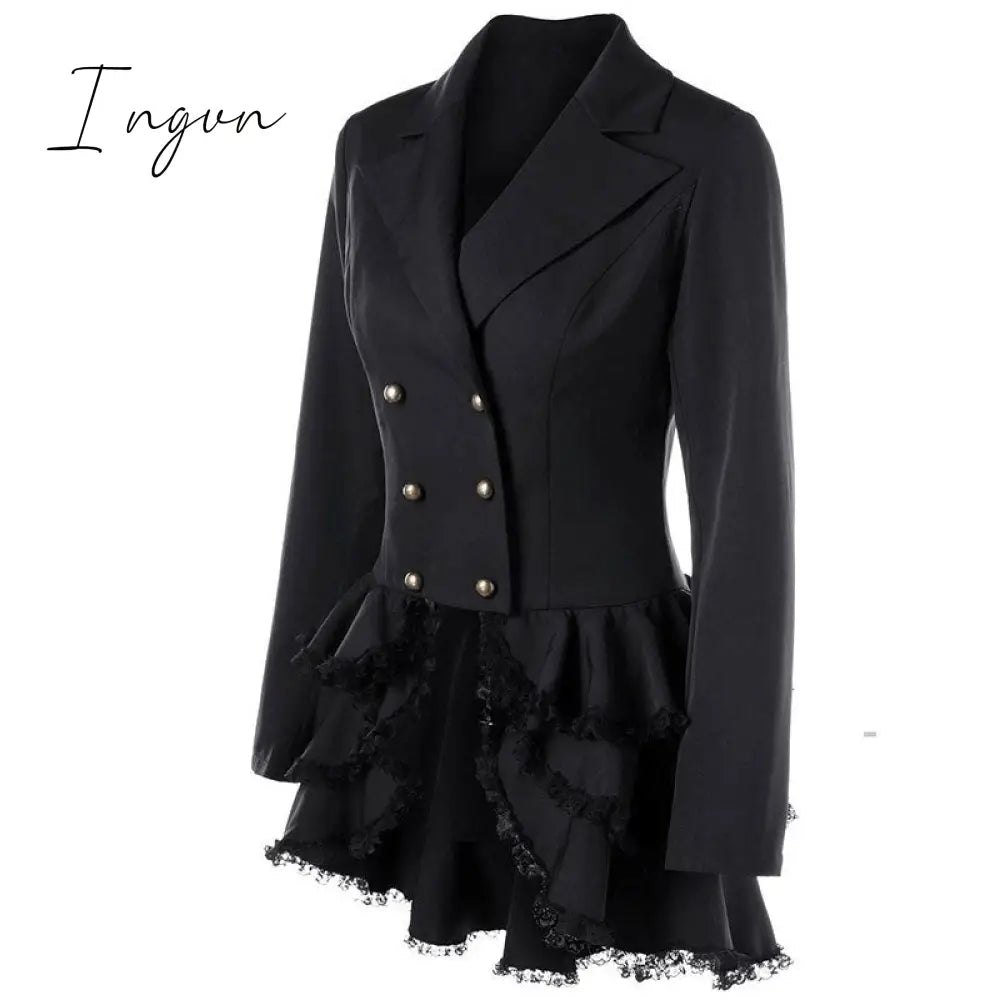 Ingvn - Trench Coat Women's Aaymmetric Lace Hem Tops Steampunk Victorian Swallow Tail Trench Coat Double-Breasted Female Thin Outwear