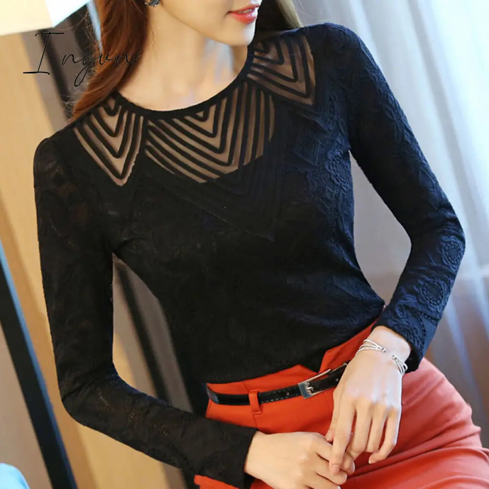 Ingvn - Autumn and Winter Plus Velvet Lace Bottoming Shirt Women's Long Sleeve Hollow Korean Round Neck Slim Warm Mesh Shirt
