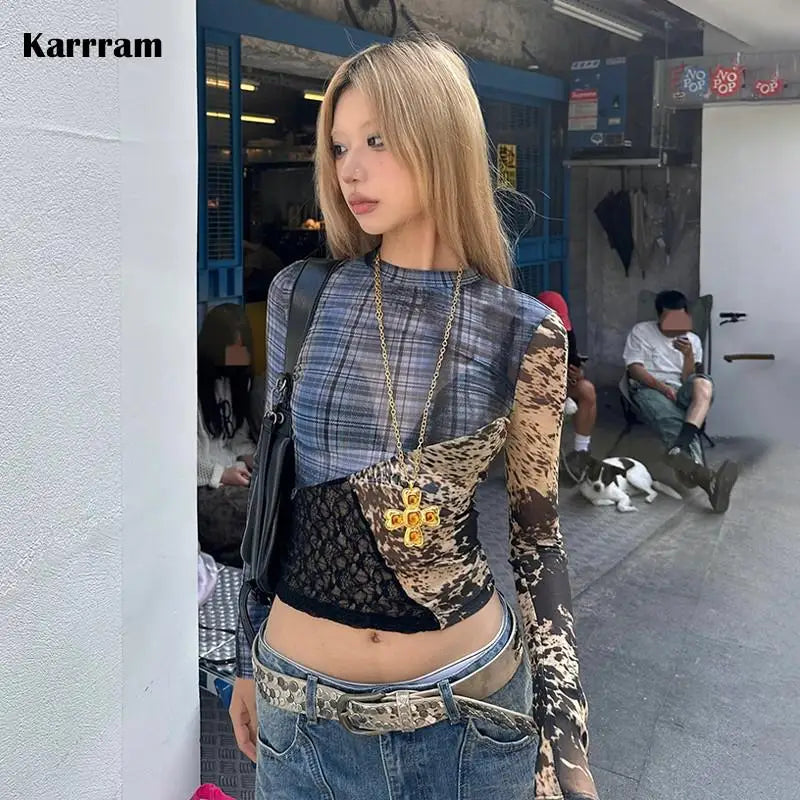 Japanese Y2k Patchwork Mesh Tops Trashy 2000s Lace Sheer Top Grunge Aesthetics Irregular T-shirt Vintage Harajuku Korean