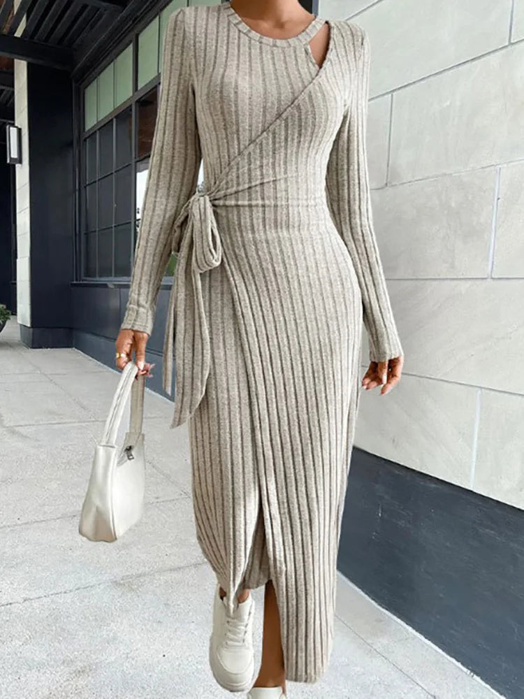 Women Knitting Loungewear Maxi Dress, Autumn Winter Long Sleeve Solid Party Dress, Lace-Up Patchwork Ladies Holiday Dress