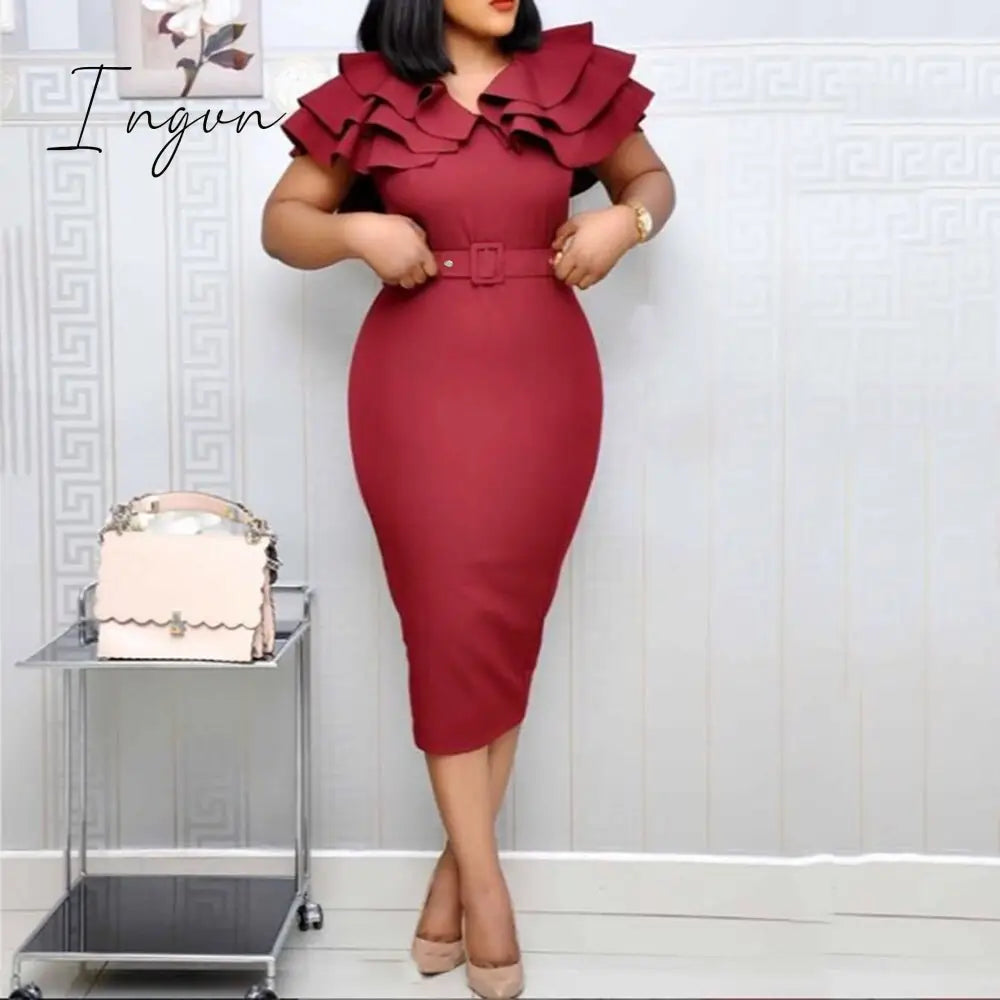 Ingvn - puff sleeve women patchwork dress autumn  bodycon dresses elegant office lady work midi dresses femme vestiods plus size 4xl