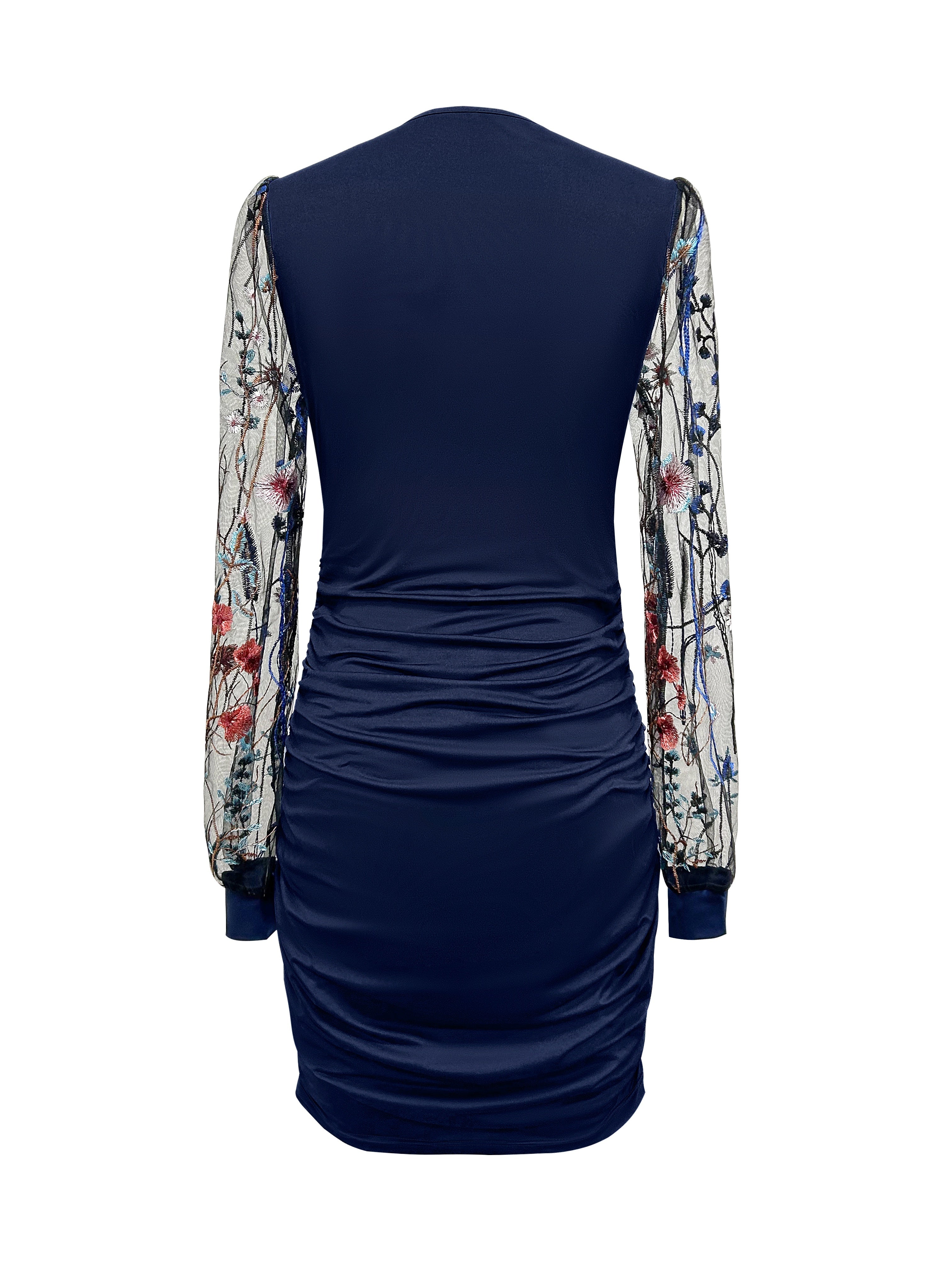Floral Pattern Bodycon Dress - Stunning Contrast Mesh, Elegant Long Sleeves, Surplice Neck, Ruched Detailing - Perfect for Womens Formal Occasions and Everyday Wear