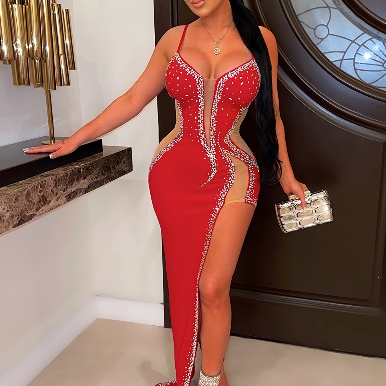 Solid Rhinestone Asymmetrical Sleeveless Dress, Sexy Off Shoulder Split Maxi Dress, Women's Clothing