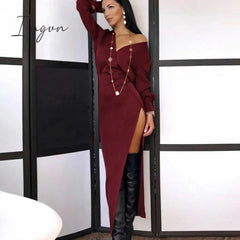 Ingvn - Elegant Slit Sexy Party Evening Maxi Dresses Long Sleeve White Bodycon Long Dress for Women Spring Autumn V Neck Boho Dress