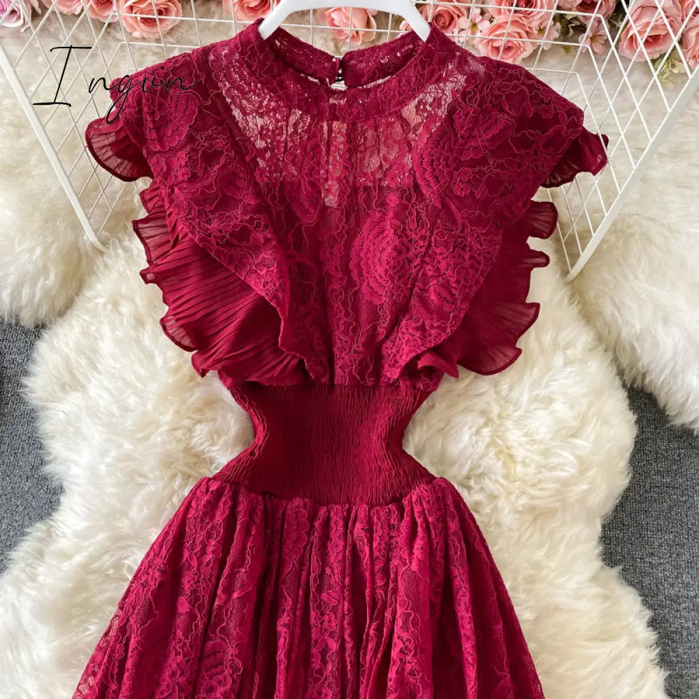 Ingvn - Vintage Purple/Green/Red Lace Midi Dress Women Sweet Round Neck Ruffle Vestidos Female High Waist Slim Robe Spring Autumn