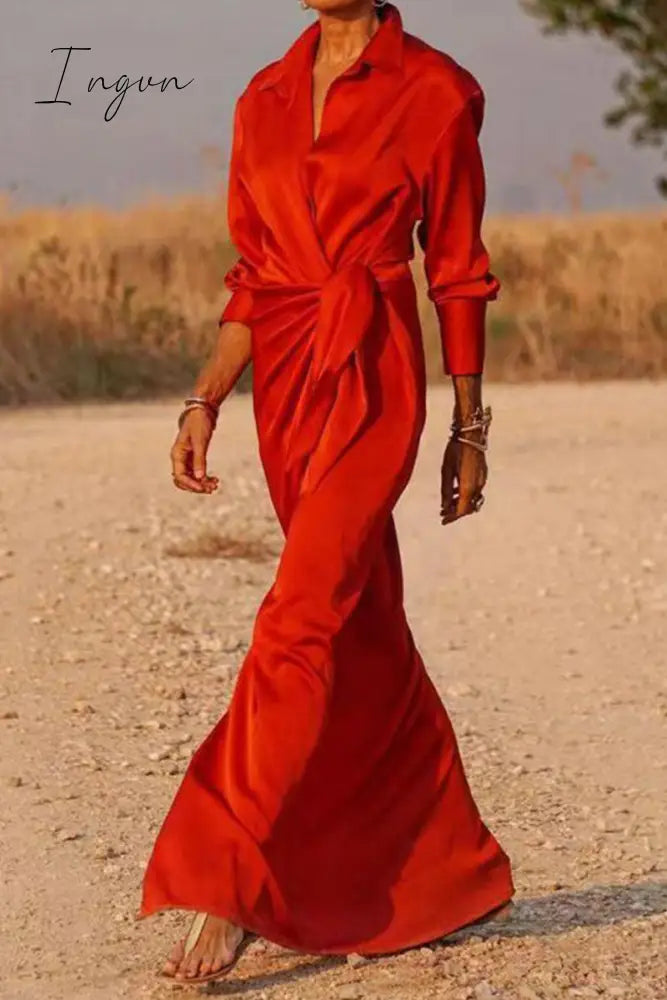 Ingvn - Casual Solid Bandage Patchwork Turndown Collar Shirt Dress Dresses