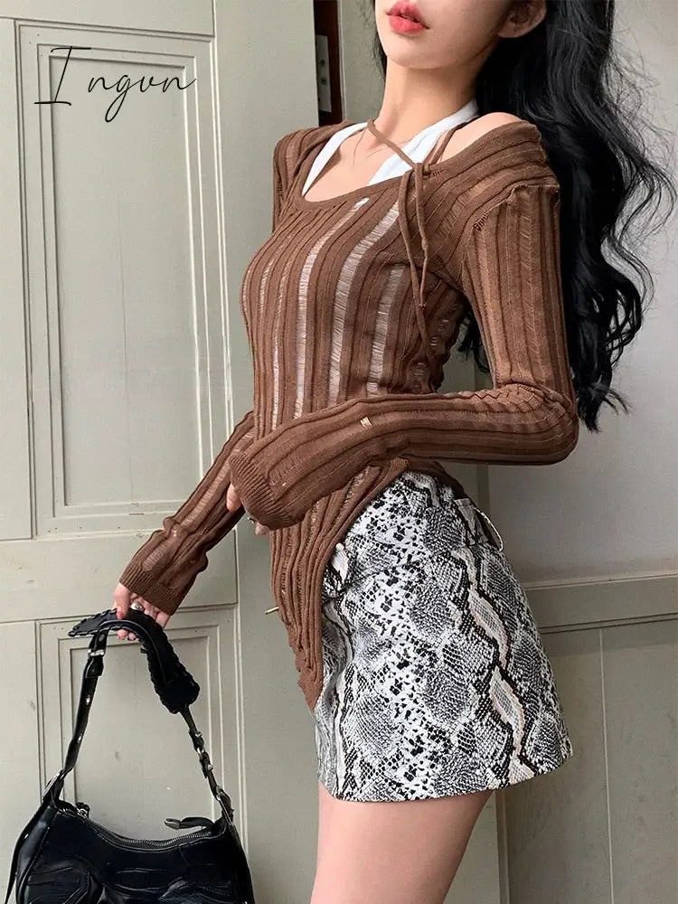 Ingvn - 2023 Autumn Casual See-through Blouses Women Sexy Y2k Clothing Korean Style Knitted Sweater Female Elegant Pullover Slim Tees