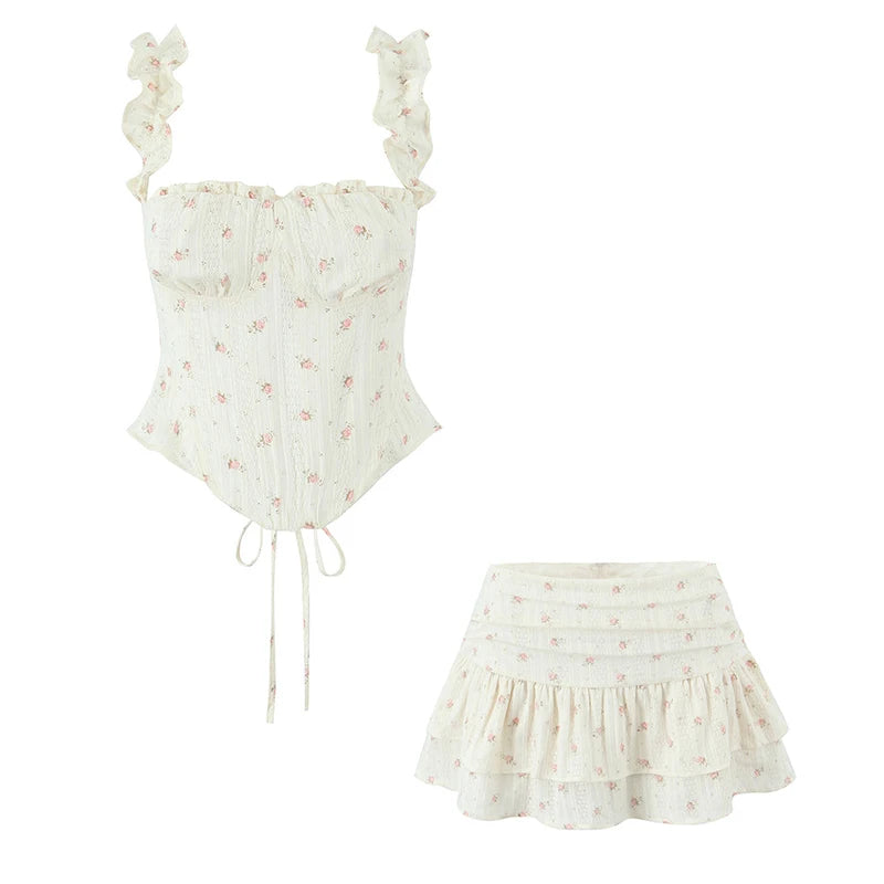 Sweet Girl Floral Print Layer Cake Mini Skirt Women Pleated Sexy Low Waist A-line Holiday Summer Skirts