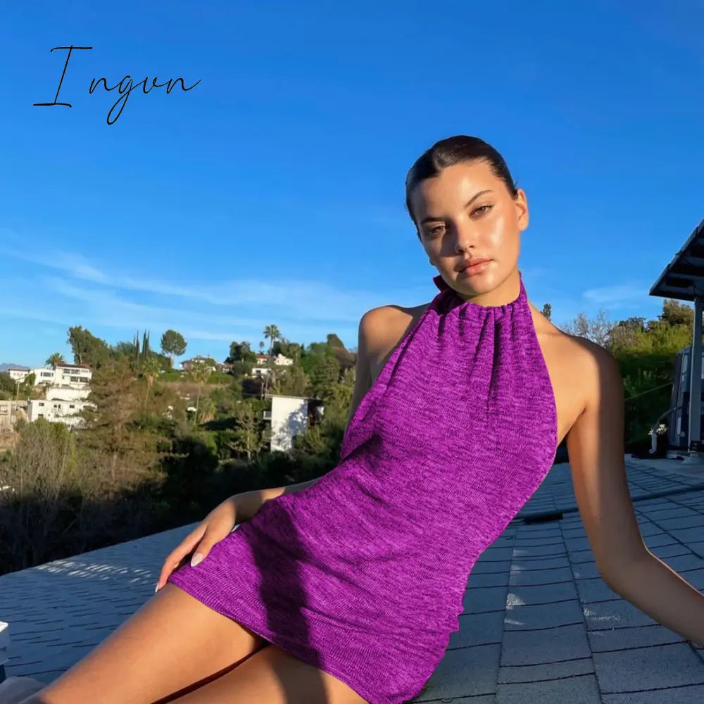 Ingvn - Halter Sexy Backless Mini Dresses Bodycon Skinny Club Party Sleeveless Knitted Dress Fall Streetwear Beach Holiday