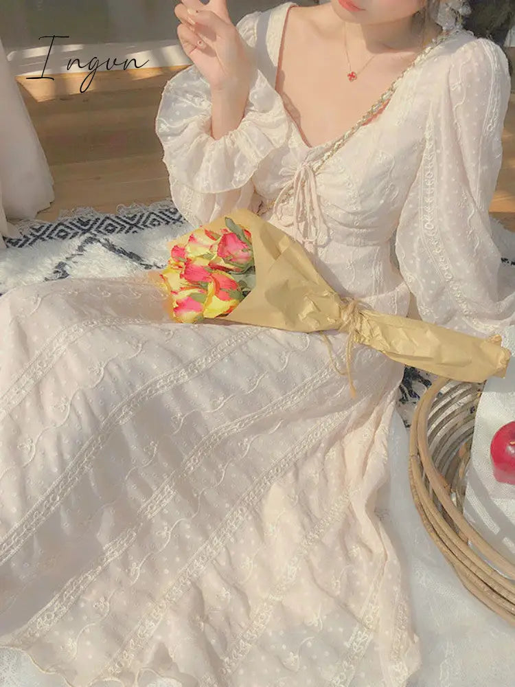 Ingvn - Vintage Fairy Dress Women Elegant Designer Chiffon Dress Long Sleeve French Party Midi Dress Casual Women's Clothing Autumn