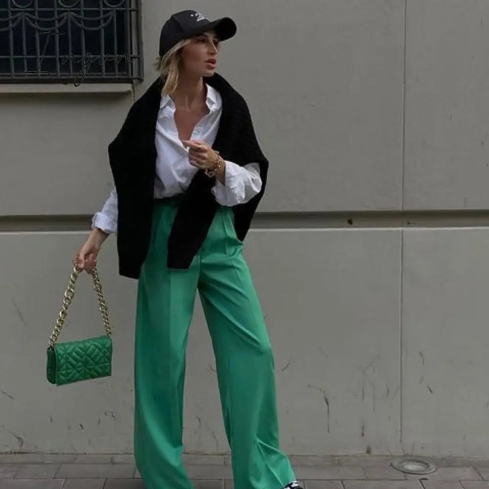 Ingvn - Outfits Trends New Spring Summer Women's Casual Straight Classic Green Black Rose Red High Waist Pants Korean Wide Leg Trousers for Women