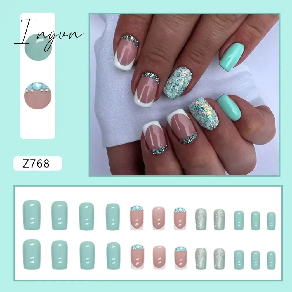 24pcs/Box Gradient Nail Art Patches False Nails Short Square Nail Blue Starry Glitter Teardrop Diamond Fake Nail Tips