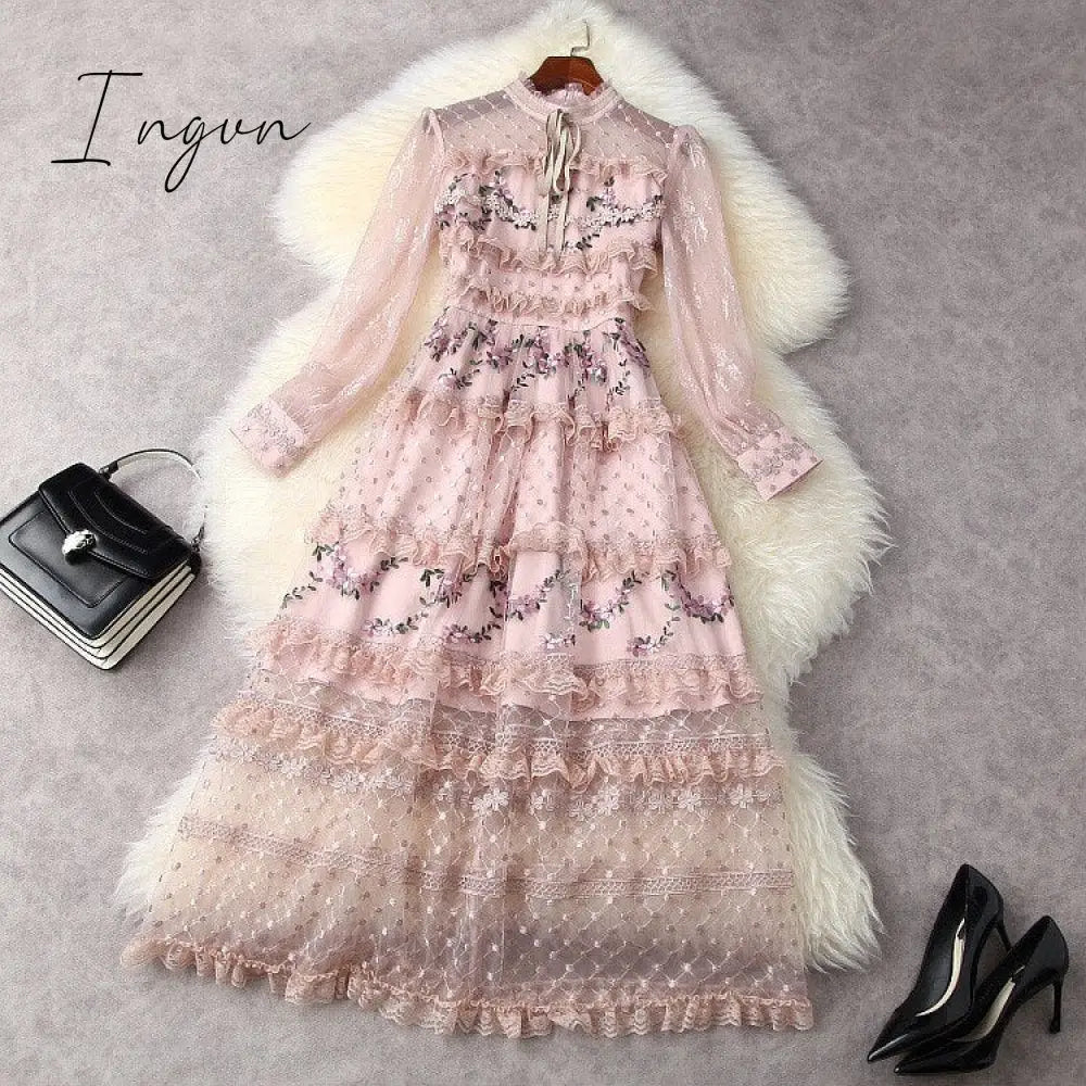Ingvn - Spring Outfits Designer Runway Party Evening Midi Long Dresses For Women Ruffles Embroidery Floral Elegant Traf Chic Ladies Vestidos Femme Robe