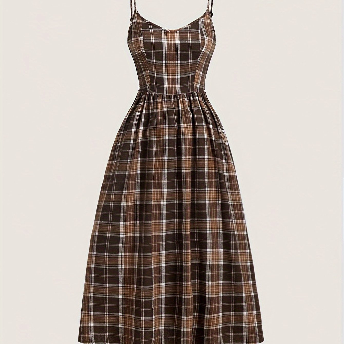 Elegant, Comfortable Vintage-Inspired Plaid Midi Dress with Spaghetti Straps - Polyester, Machine Washable, Non-Sheer