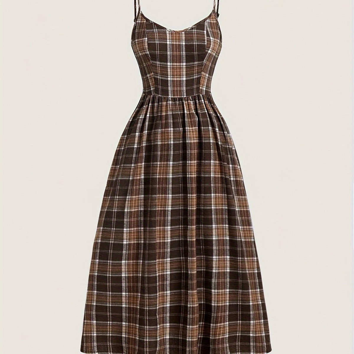 Elegant, Comfortable Vintage-Inspired Plaid Midi Dress with Spaghetti Straps - Polyester, Machine Washable, Non-Sheer