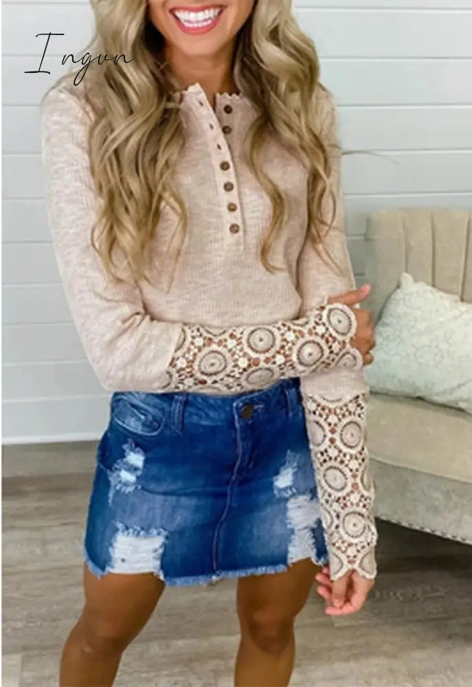 Ingvn - Lace Splicing Top Long Sleeve T Shirt Woman Button Slim Tops Tee Autumn Spring Patchwork Sleeve T-shirt Women Sexy Streetwear