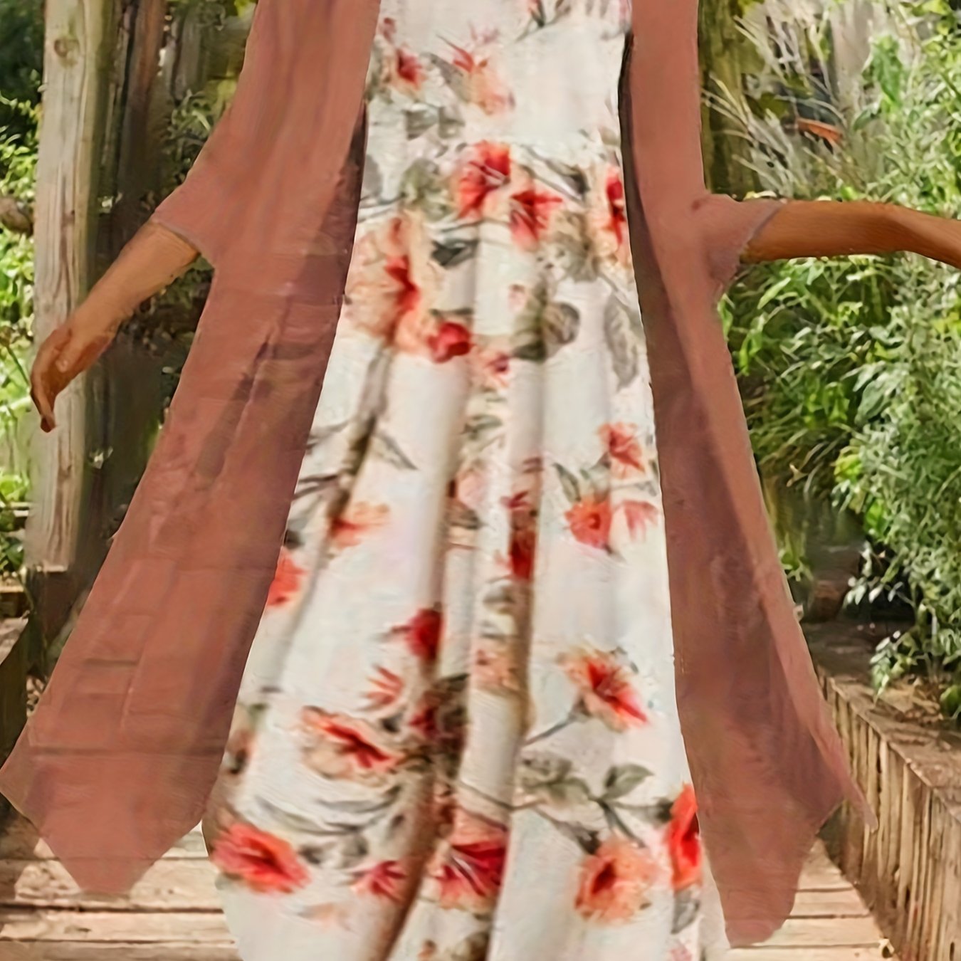 Plus Size Outfits Set, Women's Plus Floral Print Round Neck Tank Dress & Long Sleeve Coat Outfits Two Piece Set